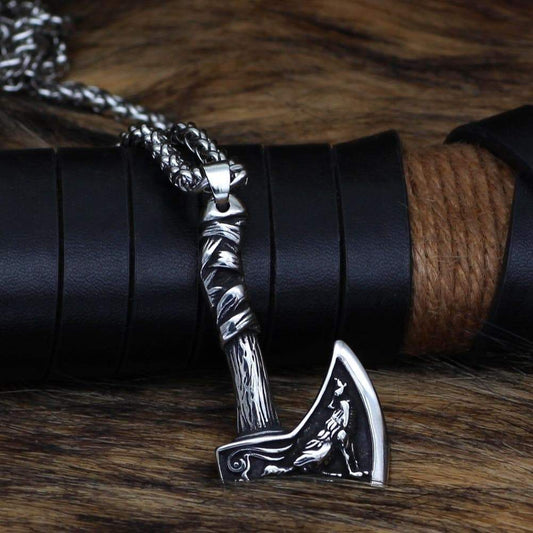 Vikings Axe Wolf Stainless Steel Necklace
