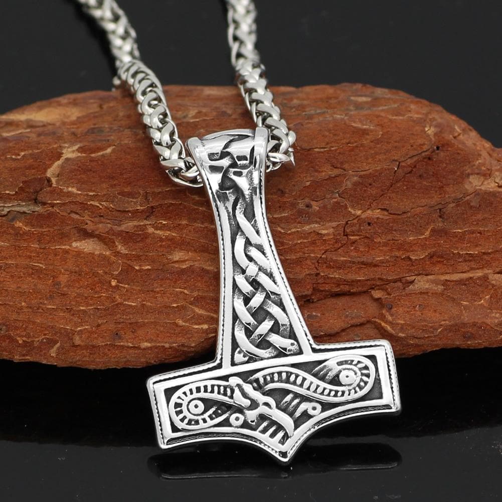 Viking Jormungand Stainless Steel Mjolnir Necklace