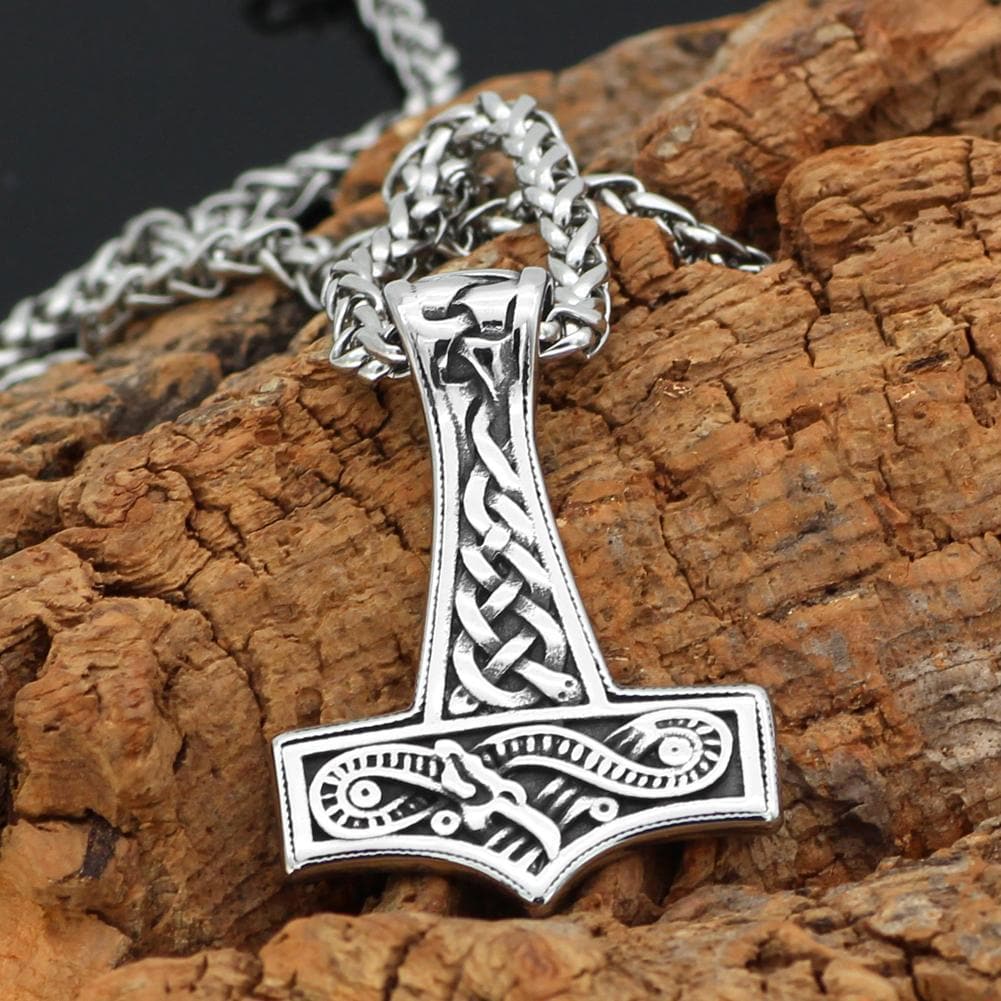 Viking Jormungand Stainless Steel Mjolnir Necklace