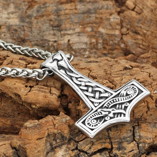 Viking Jormungand Stainless Steel Mjolnir Necklace