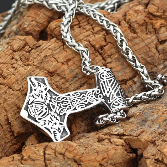 Viking Geri & Freki Valknut Mjolnir Necklace
