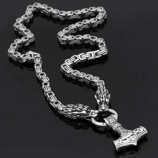 Vikings Dragon Head Mjolnir Stainless Steel Necklace