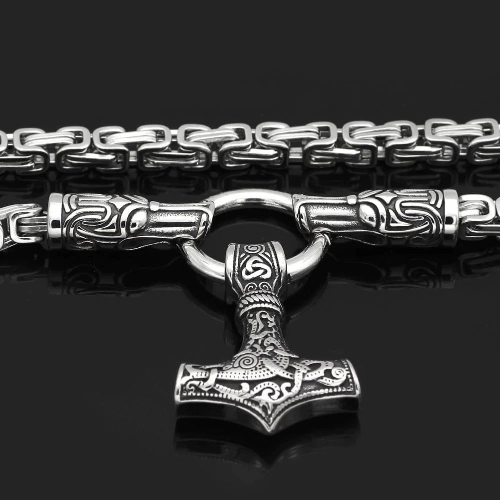 Vikings Fenrir in Thor's Hammer Stainless Steel Necklace
