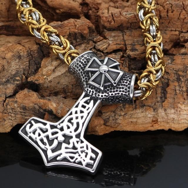Viking Thors Hammer Celtic Cross Stainless Steel Necklace