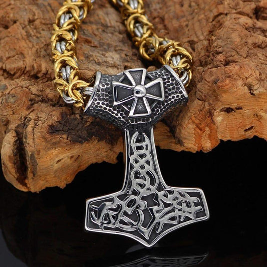 Viking Thors Hammer Celtic Cross Stainless Steel Necklace