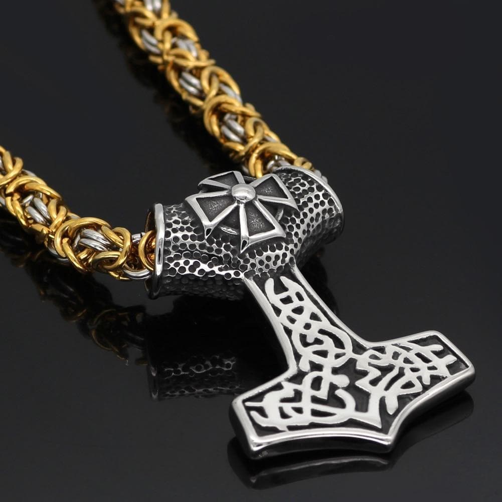 Viking Thors Hammer Celtic Cross Stainless Steel Necklace