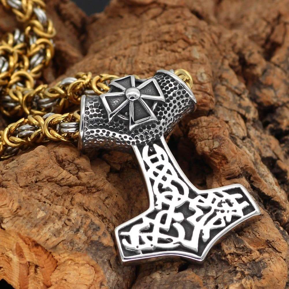 Viking Thors Hammer Celtic Cross Stainless Steel Necklace