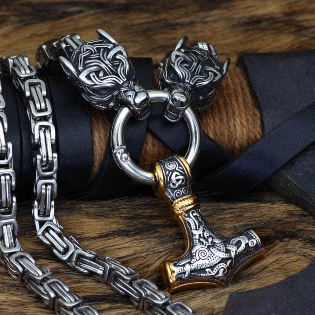 Vikings Wolf Head and Mjolnir Stainless Steel Necklace