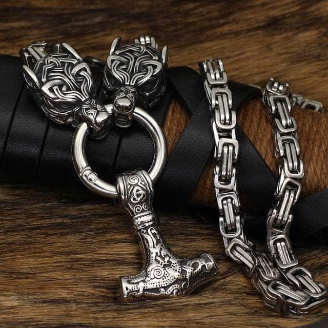 Vikings Wolf Head and Mjolnir Stainless Steel Necklace