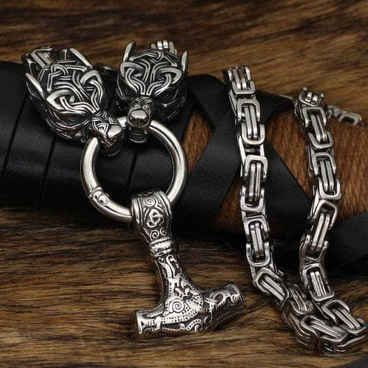 Vikings Wolf Head and Mjolnir Stainless Steel Necklace