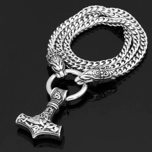 Vikings Wolf Head Mjolnir Stainless Steel Necklace