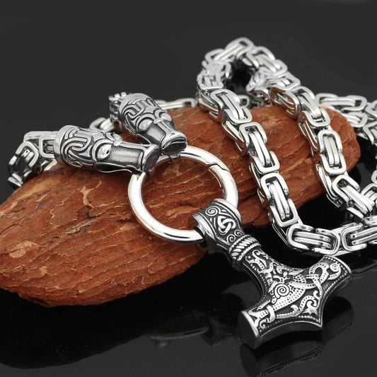 Vikings Fenrir in Thor's Hammer Stainless Steel Necklace