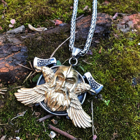Vikings Axe Odin and Ravens Stainless Steel Necklace