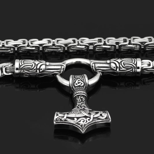 Vikings Fenrir in Thor's Hammer Stainless Steel Necklace