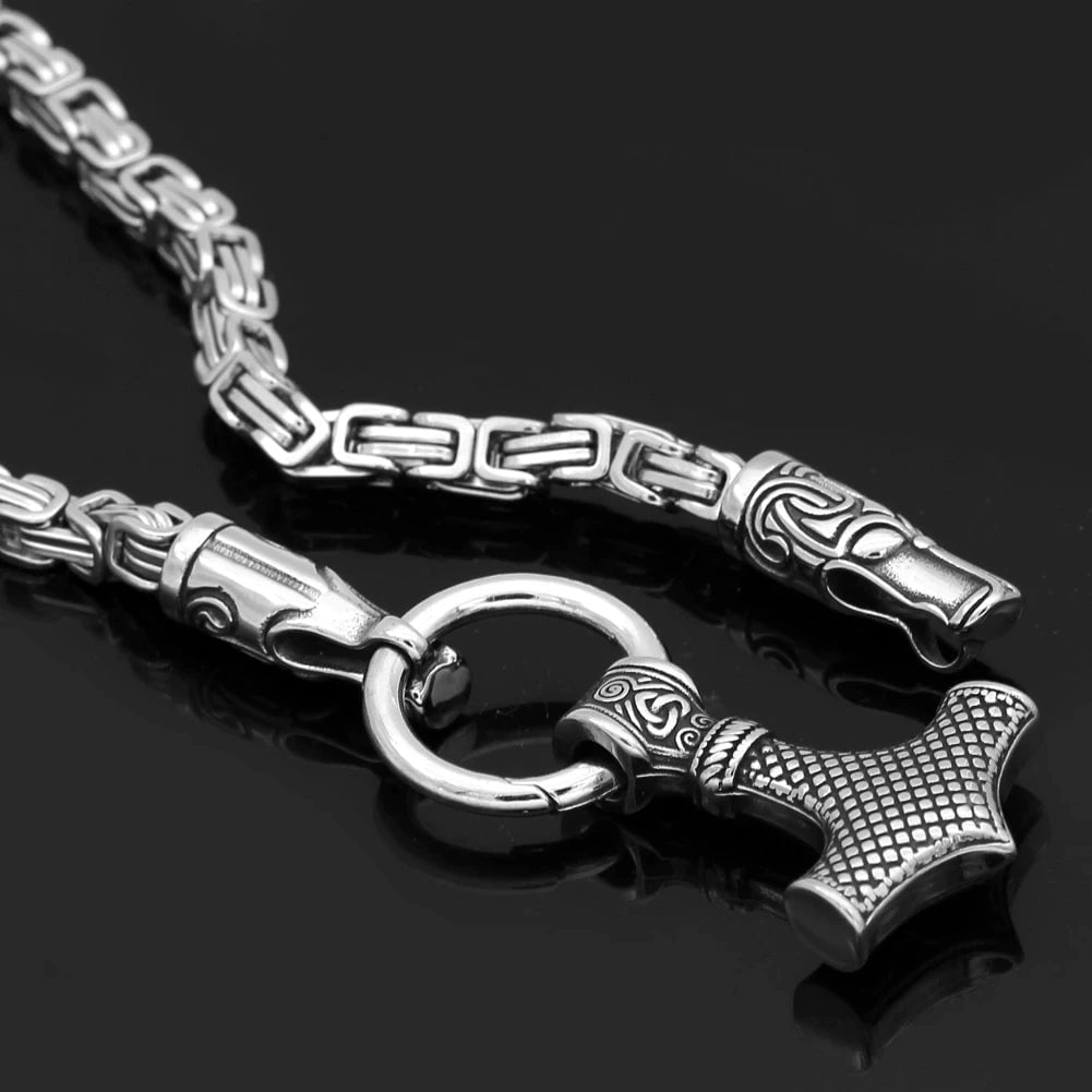 Vikings Fenrir in Thor's Hammer Stainless Steel Necklace