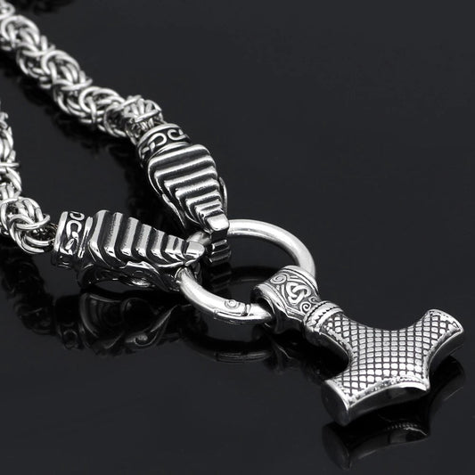 Vikings Mjolnir in Dragon Head Stainless Steel Necklace