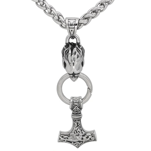 Vikings Raven's Head Mjolnir Stainless Steel Necklace