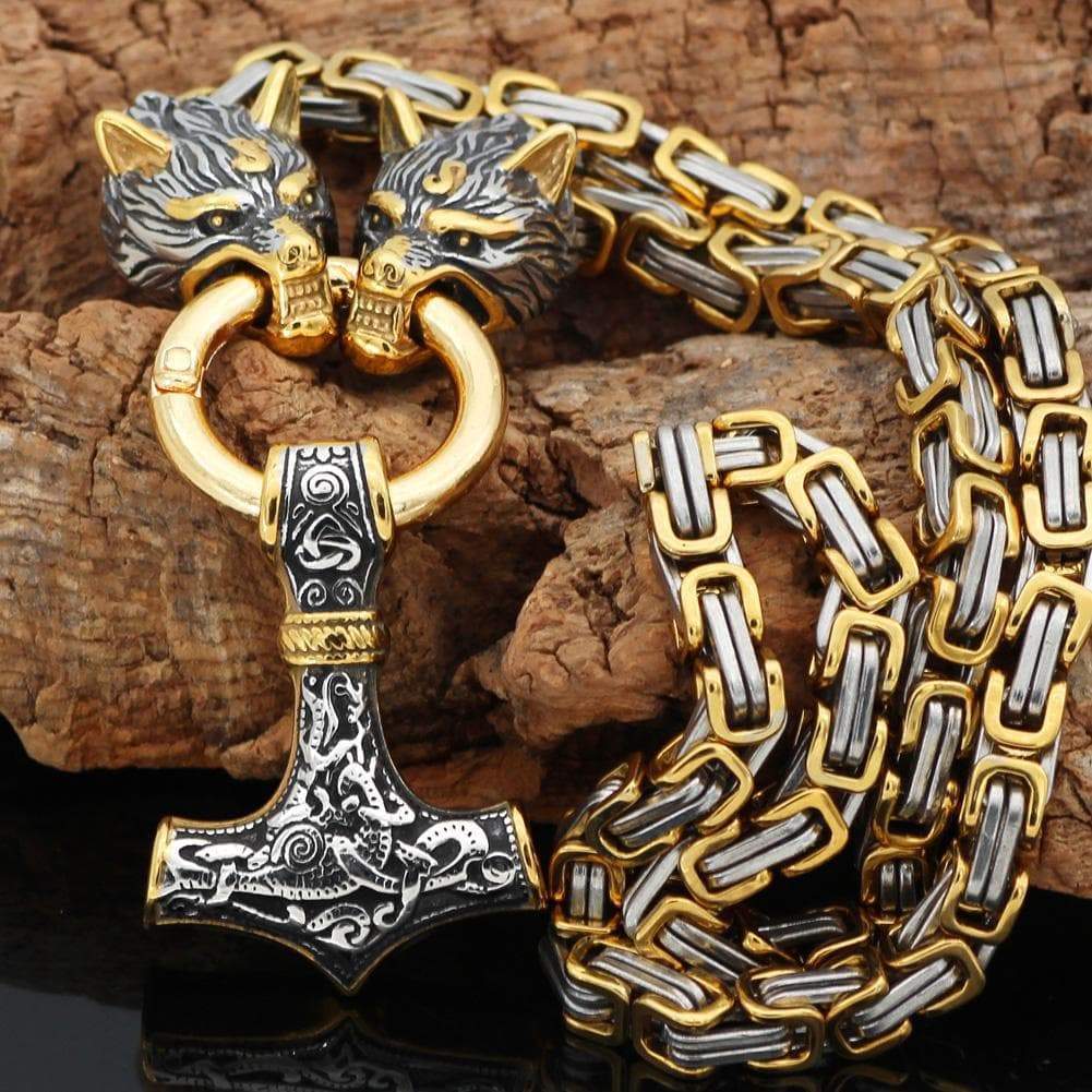 Vikings Wolf Mjolnir Stainless Steel King Chain Necklace