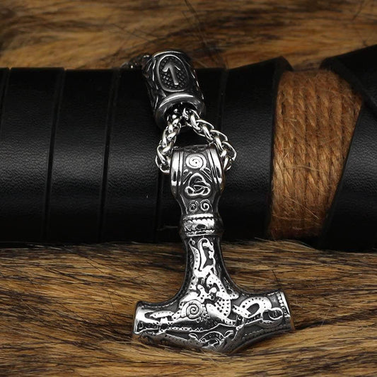 Viking Mjolnir Stainless Steel Necklace with Rune Bead