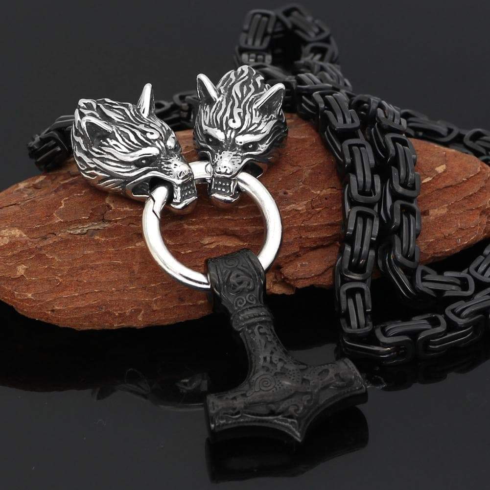 Vikings Wolf Head Mjolnir King Chain Stainless Steel Necklace