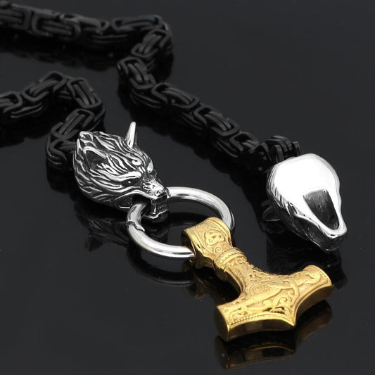 Vikings Wolf Head Mjolnir King Chain Stainless Steel Necklace