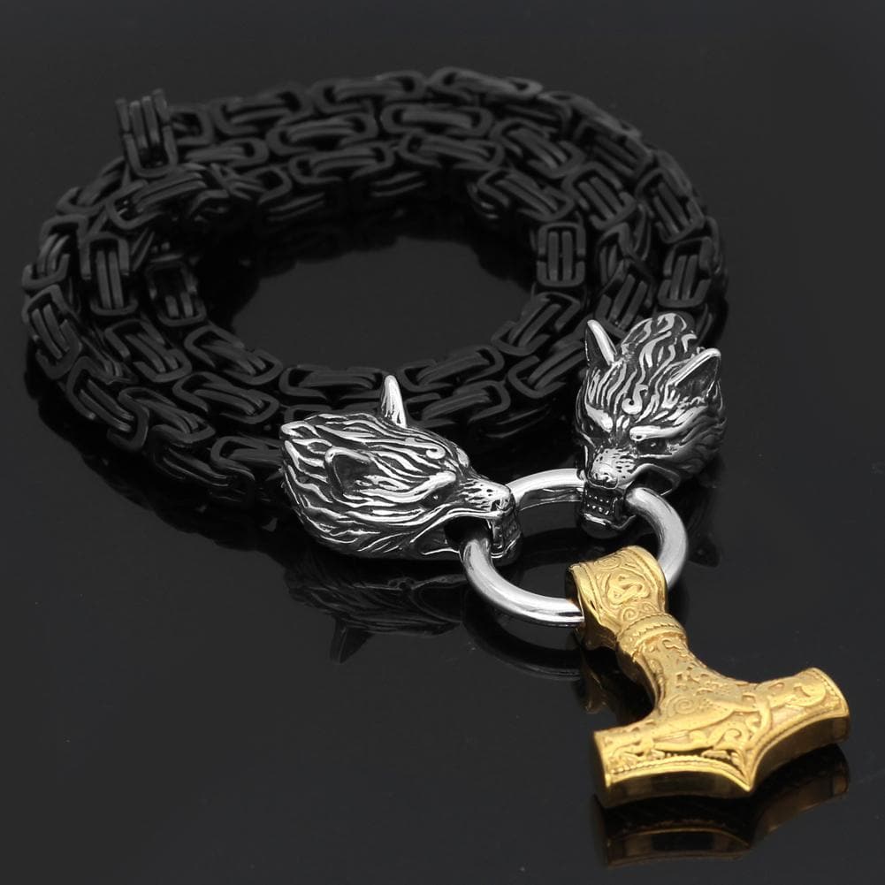 Vikings Wolf Head Mjolnir King Chain Stainless Steel Necklace