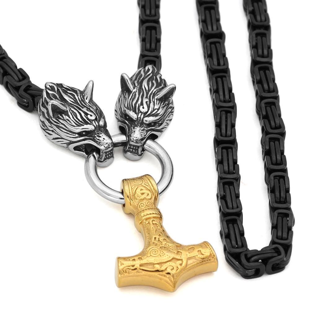 Vikings Wolf Head Mjolnir King Chain Stainless Steel Necklace