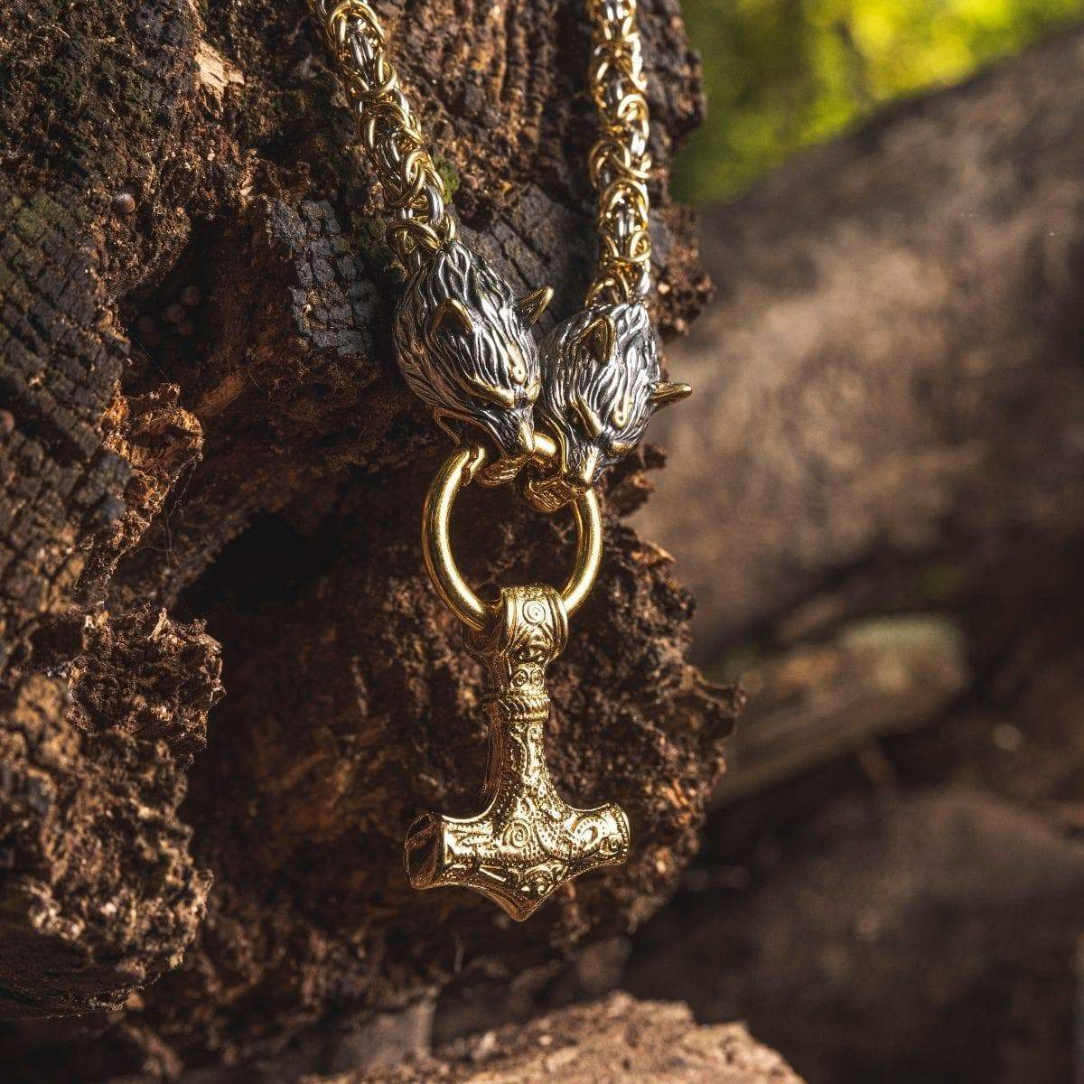 Vikings Wolf Head Mjolnir Byzantine Chain with Stainless Steel Necklace