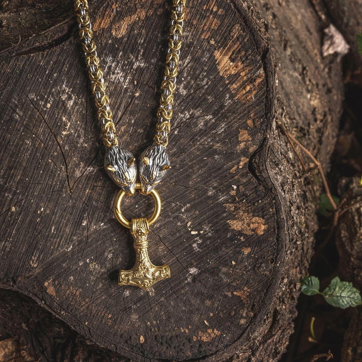 Vikings Wolf Head Mjolnir Byzantine Chain with Stainless Steel Necklace