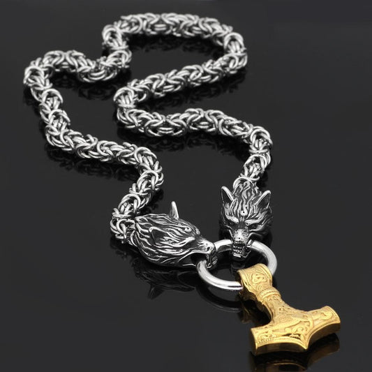 Vikings Wolf Head Mjolnir Stainless Steel Necklace