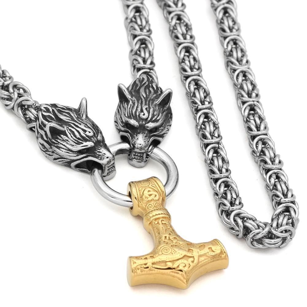 Vikings Wolf Head Mjolnir Stainless Steel Necklace