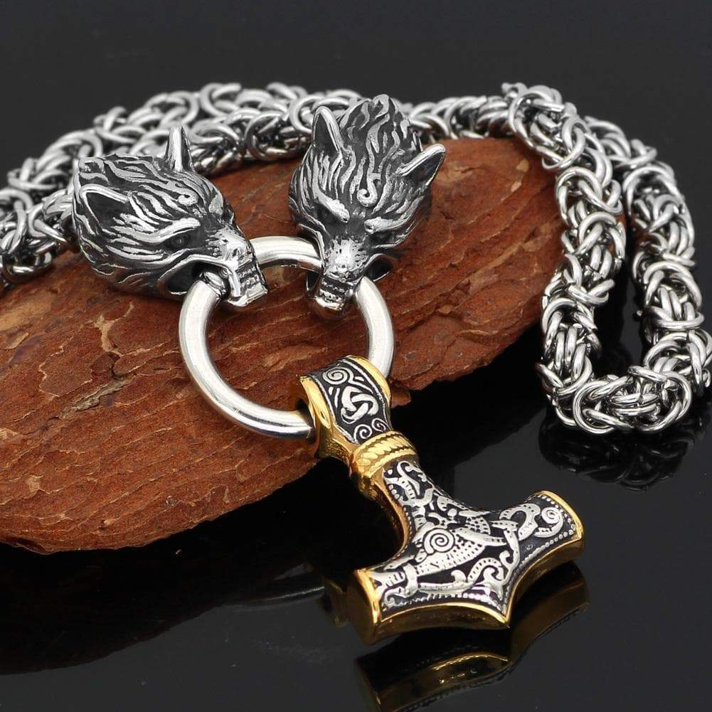 Vikings Wolf Head Mjolnir King Chain Stainless Steel Necklace